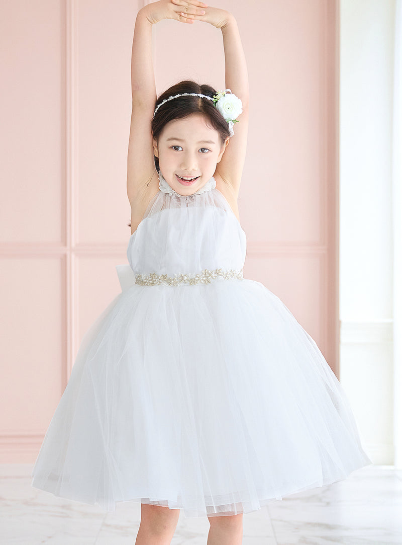 子供ドレス発表会・結婚式・おしゃれなDRESCCOのホワイトシフォンフラワーホルターネックドレスの画像8