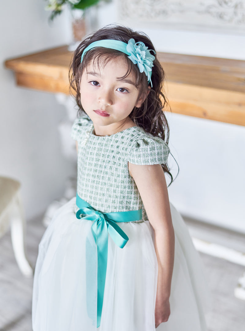 子供ドレス発表会・結婚式・おしゃれなDRESCCOのミントグリーンツイードパフスリーブベルダンディドレスの画像7