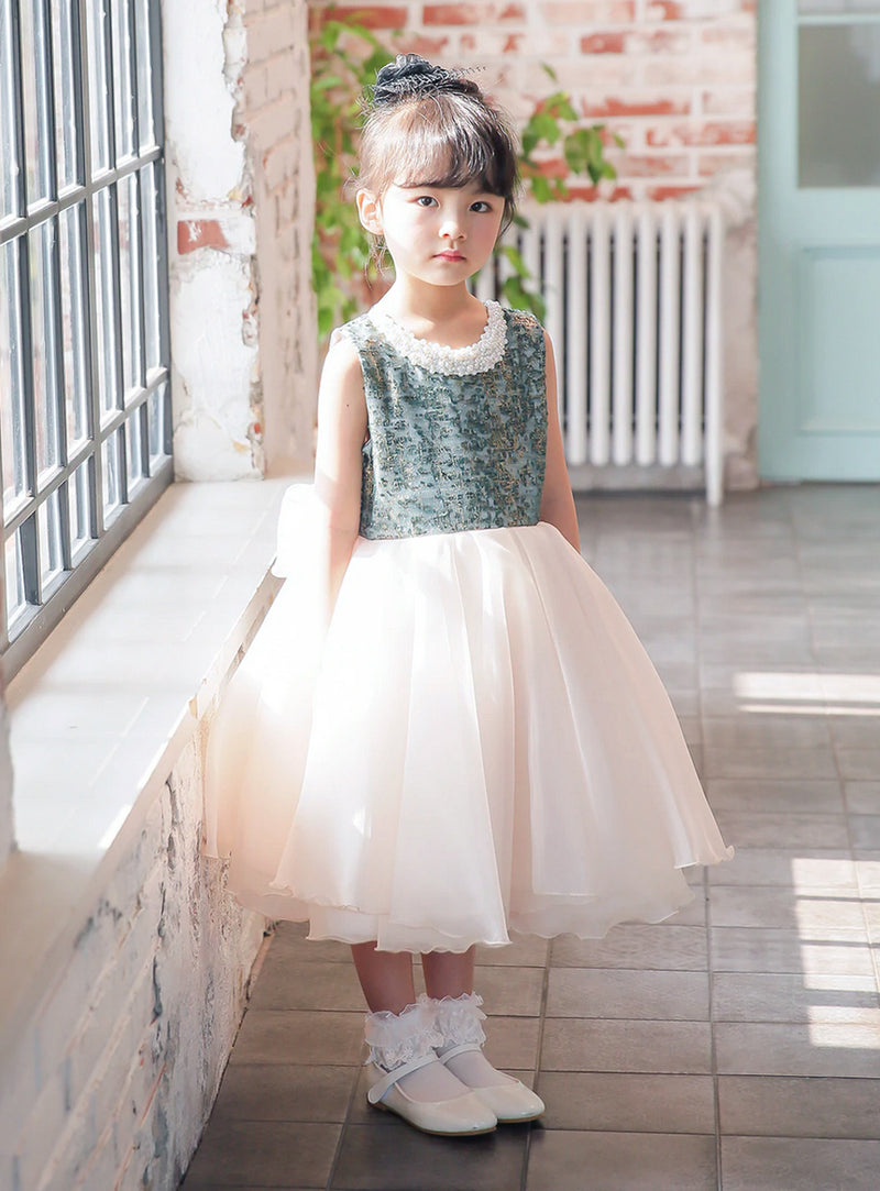 子供ドレス発表会・結婚式・おしゃれなDRESCCOのパールビジューソフトベージュオーガンジードレスグリーンの画像4