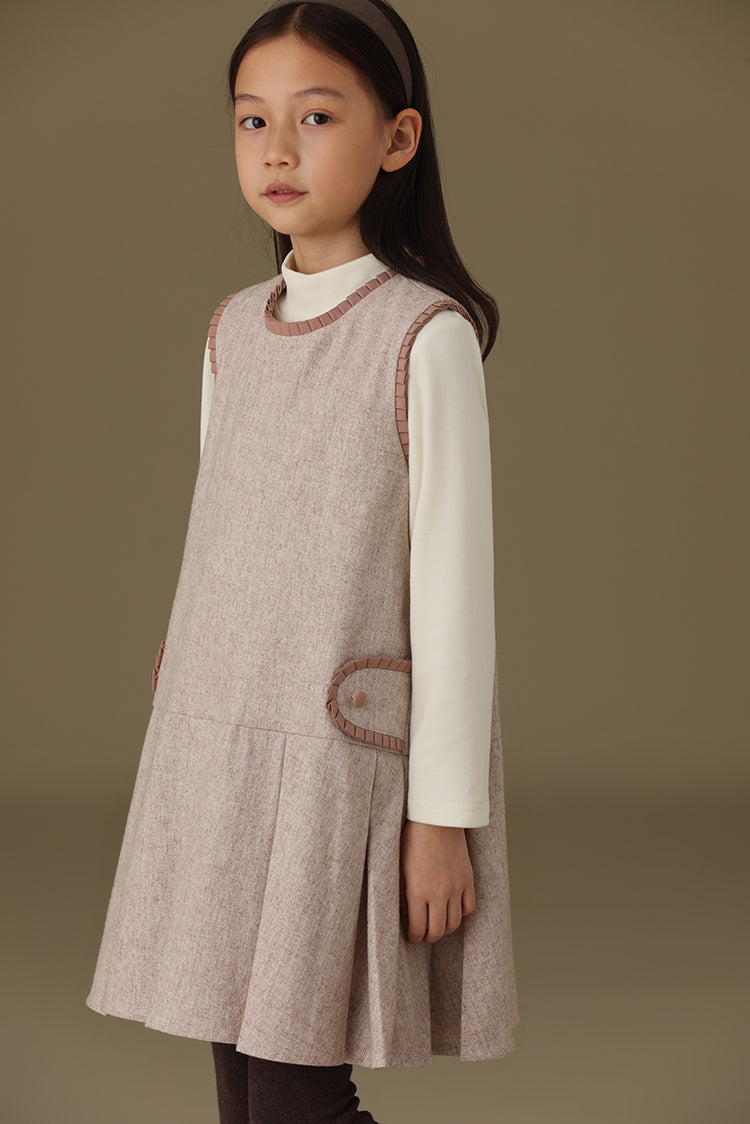 子どもおしゃれ着・スマートカジュアル COCO MODERNのK399 - フリルラインピンクベージュプリーツワンピースの画像(5)