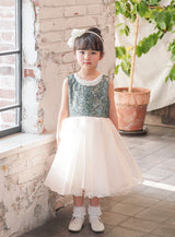 子供ドレス発表会・結婚式・おしゃれなDRESCCOのパールビジューソフトベージュオーガンジードレスグリーンの画像6