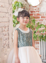 子供ドレス発表会・結婚式・おしゃれなDRESCCOのパールビジューソフトベージュオーガンジードレスグリーンの画像7