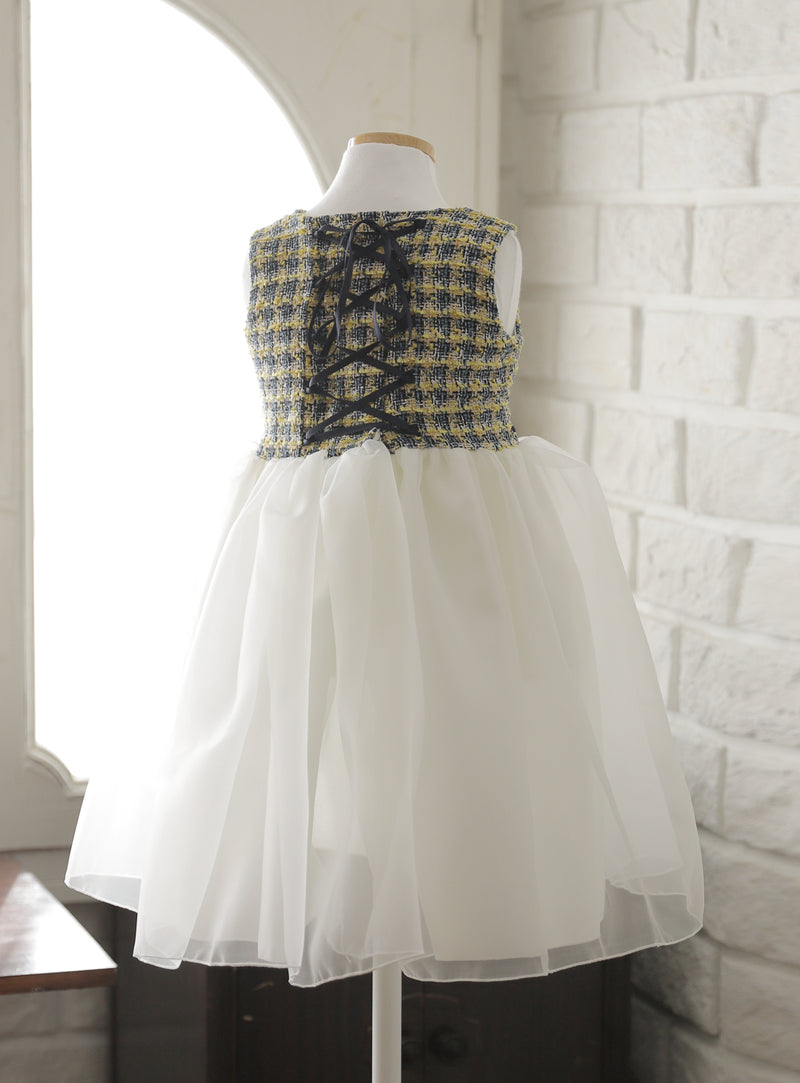 子供ドレス発表会・結婚式・おしゃれなDRESCCOのイエローチェックツイードタンポポドレスの画像13