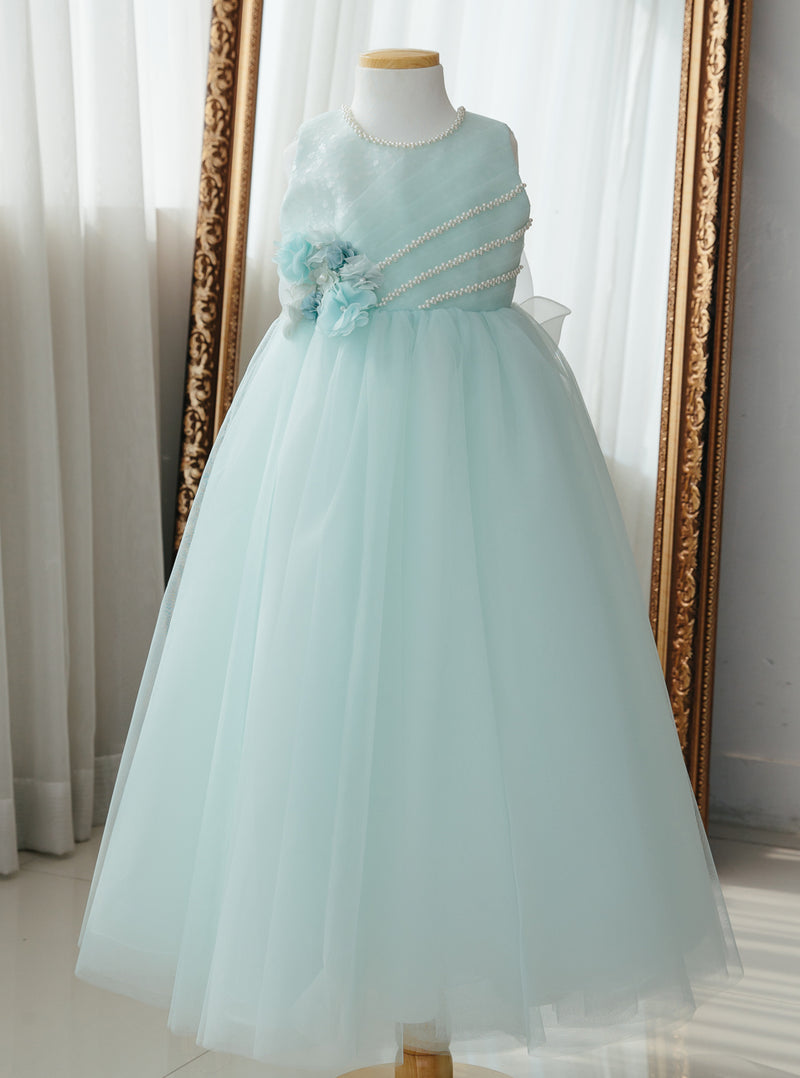 子供ドレス発表会・結婚式・おしゃれなDRESCCOのミントブルージュエリーロングドレスの画像9
