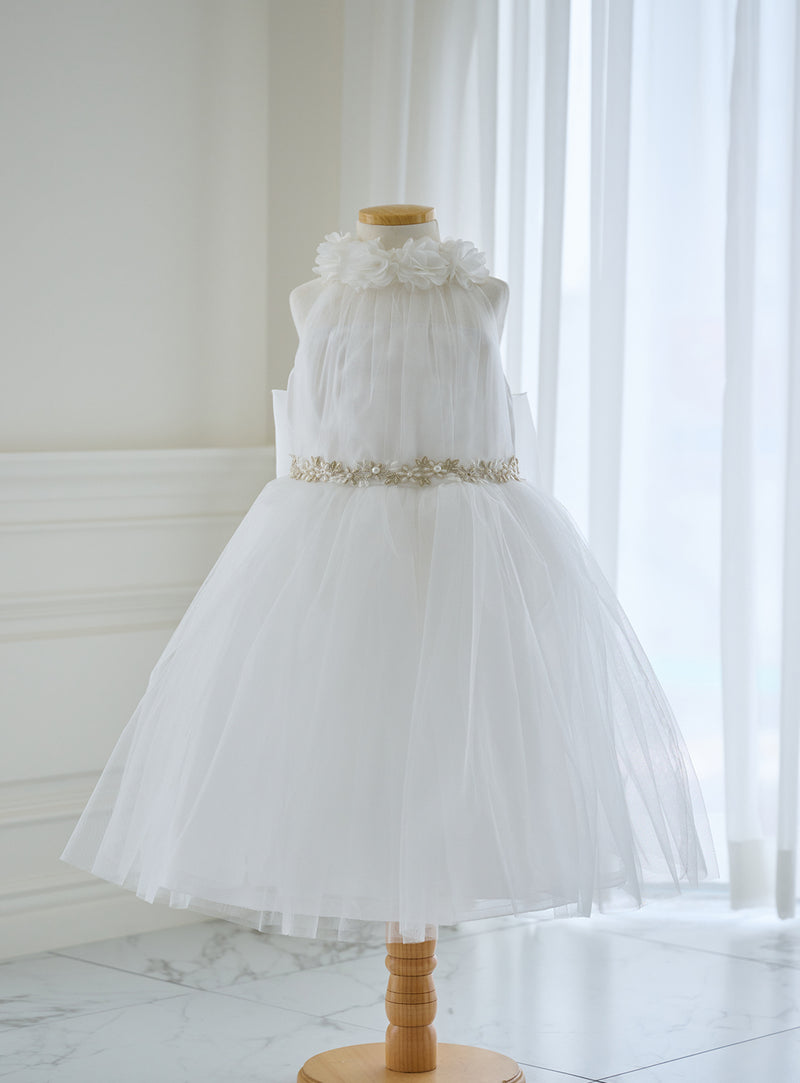 子供ドレス発表会・結婚式・おしゃれなDRESCCOのホワイトシフォンフラワーホルターネックドレスの画像15