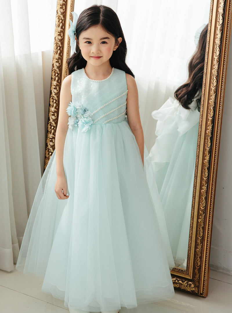 子供ドレス発表会・結婚式・おしゃれなDRESCCOのミントブルージュエリーロングドレスの画像1