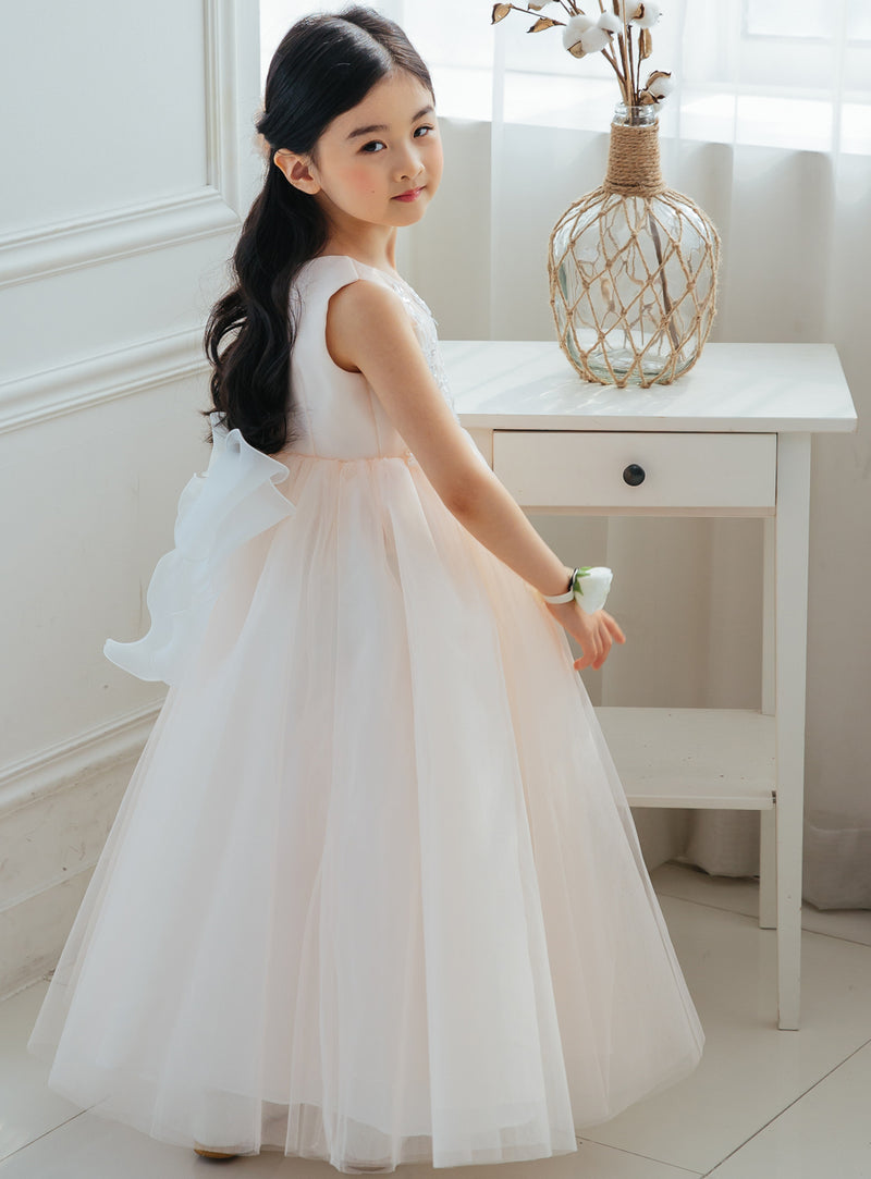 子供ドレス発表会・結婚式・おしゃれなDRESCCOのベビーピンクラグジュアリーシースルーロングドレスの画像3