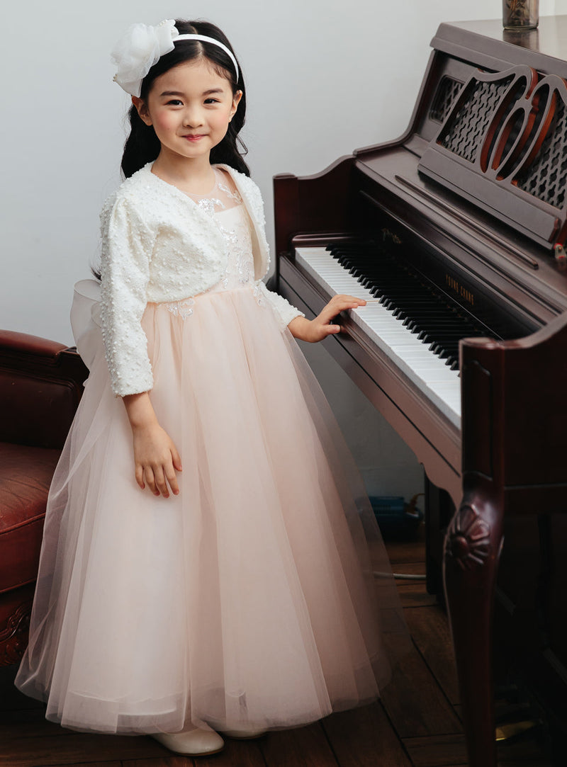子供ドレス発表会・結婚式・おしゃれなDRESCCOのベビーピンクラグジュアリーシースルーロングドレスの画像6