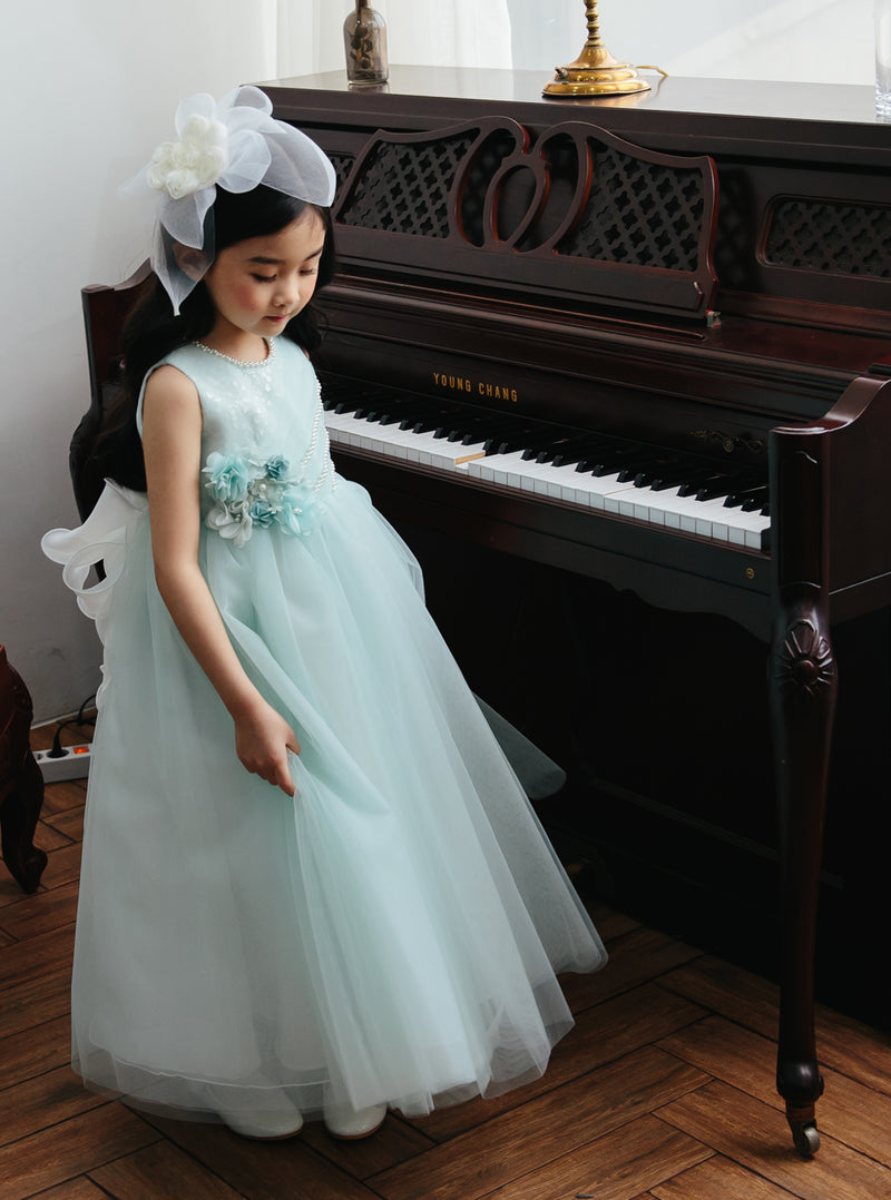 子供ドレス発表会・結婚式・おしゃれなDRESCCOのミントブルージュエリーロングドレスの画像6