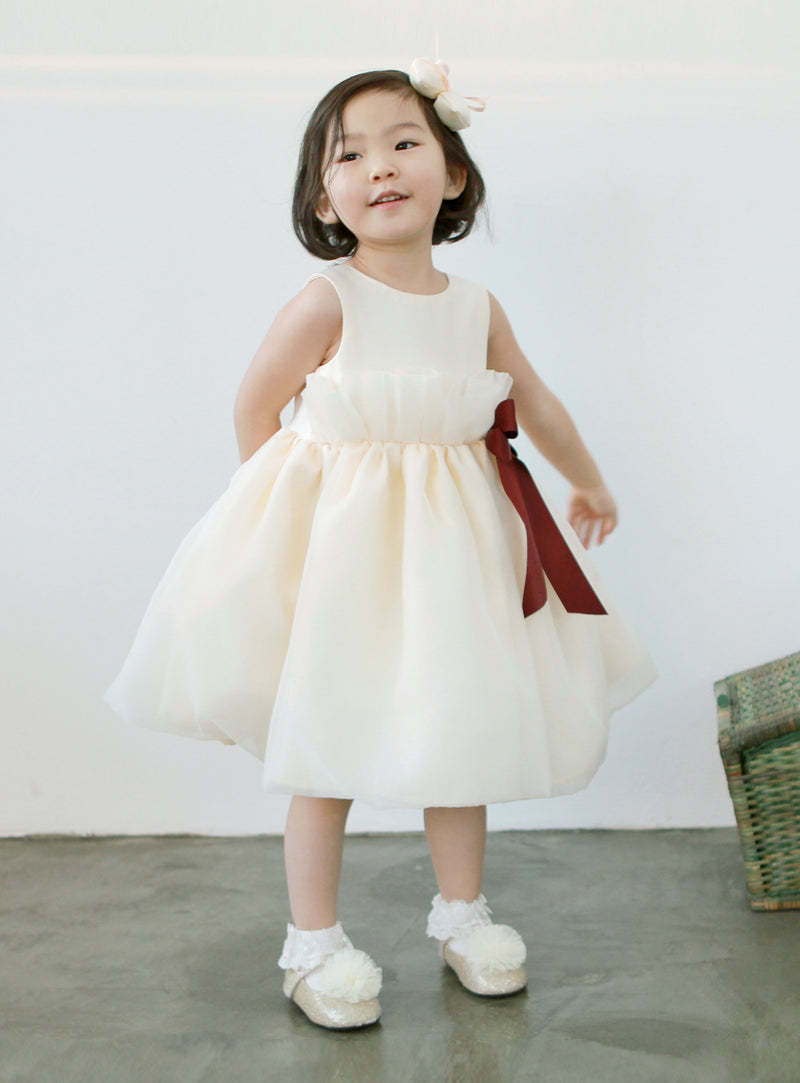 子供ドレス発表会・結婚式・おしゃれなDRESCCOのペルセポーネレッドワインリボンアイボリードレスの画像1