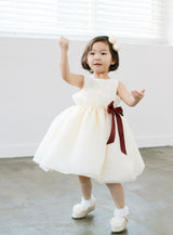 子供ドレス発表会・結婚式・おしゃれなDRESCCOのペルセポーネレッドワインリボンアイボリードレスの画像3
