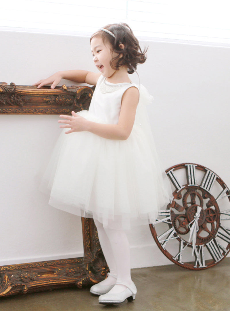 子供ドレス発表会・結婚式・おしゃれなDRESCCOのアイリスビジューネックレスビックリボンホワイトドレスの画像9