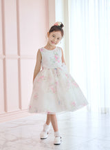 子供ドレス発表会・結婚式・おしゃれなDRESCCOのD-SU-211-1-ピンクフラワープリントオーガンジードレスの画像1