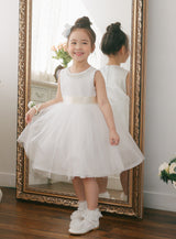子供ドレス発表会・結婚式・おしゃれなDRESCCOのパールビジューネックレスホワイトエンブロイダリードレスの画像1