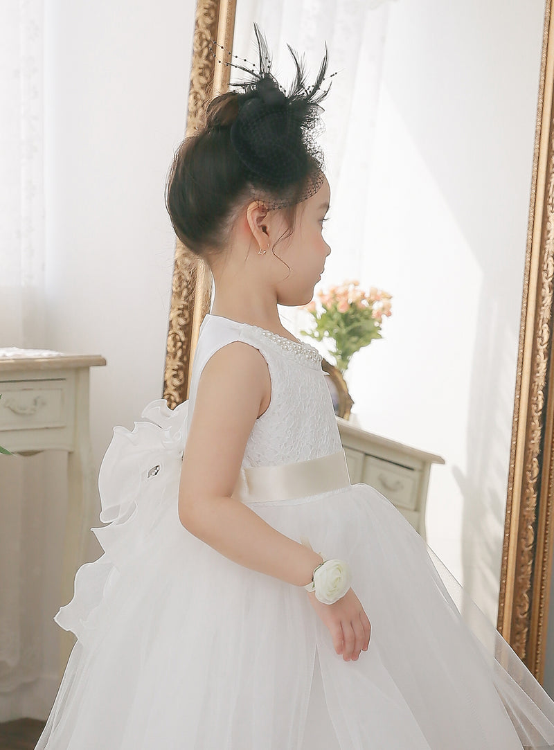 子供ドレス発表会・結婚式・おしゃれなDRESCCOのパールビジューネックレスホワイトエンブロイダリードレスの画像8