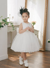 子供ドレス発表会・結婚式・おしゃれなDRESCCOのパールビジューネックレスホワイトエンブロイダリードレスの画像7
