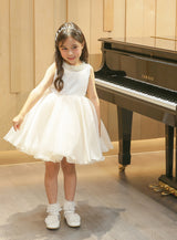 子供ドレス発表会・結婚式・おしゃれなDRESCCOのパールビジューソフトベージュオーガンジードレスの画像1