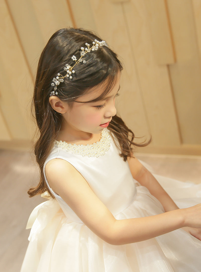 子供ドレス発表会・結婚式・おしゃれなDRESCCOのパールビジューソフトベージュオーガンジードレスの画像8