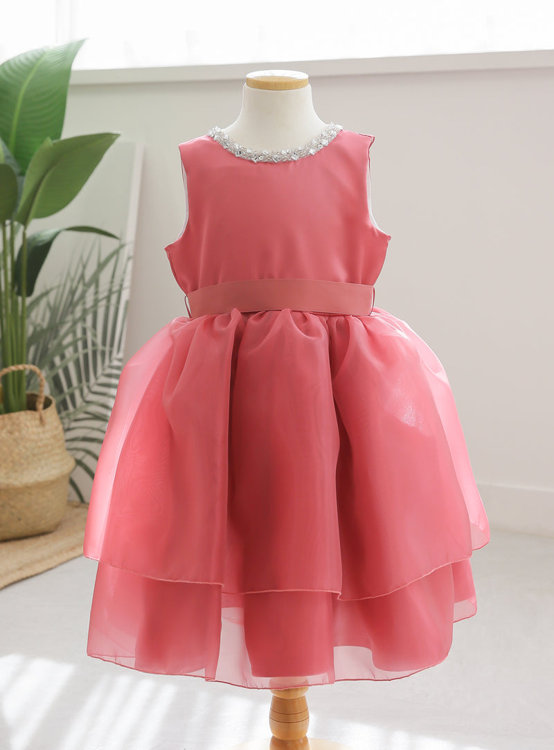 子供ドレス発表会・結婚式・おしゃれなDRESCCOのビジューストーンコーラルピンクドレスの画像9
