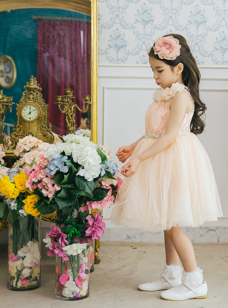 子供ドレス発表会・結婚式・おしゃれなDRESCCOのピーチピンクホルターネックドレスの画像2