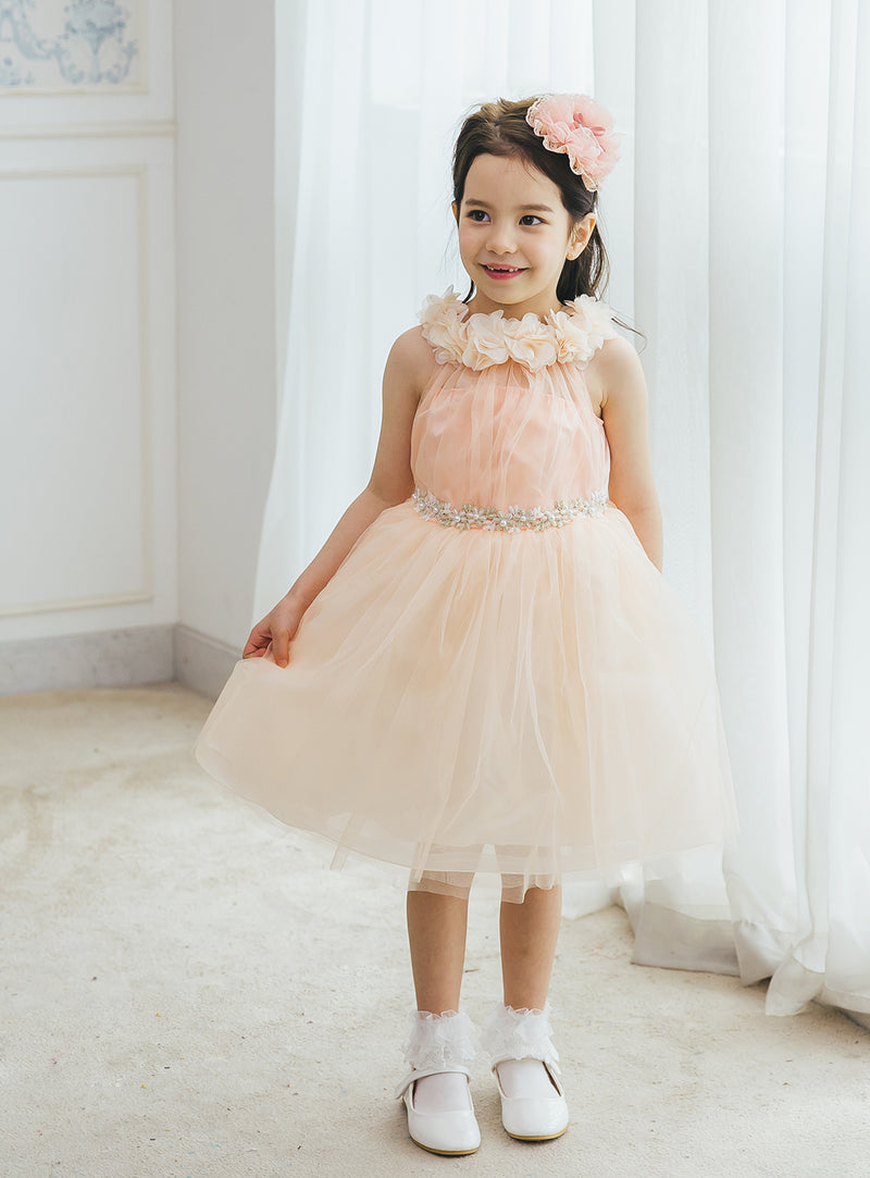 子供ドレス発表会・結婚式・おしゃれなDRESCCOのピーチピンクホルターネックドレスの画像4
