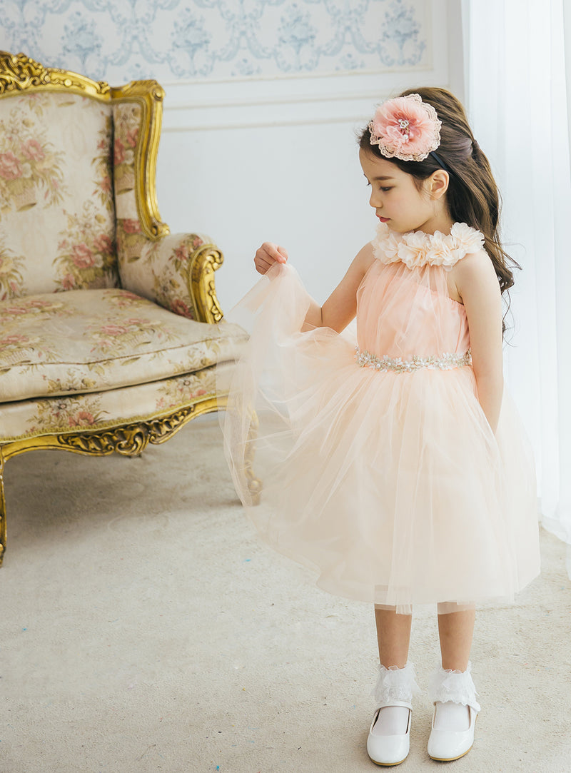 子供ドレス発表会・結婚式・おしゃれなDRESCCOのピーチピンクホルターネックドレスの画像5