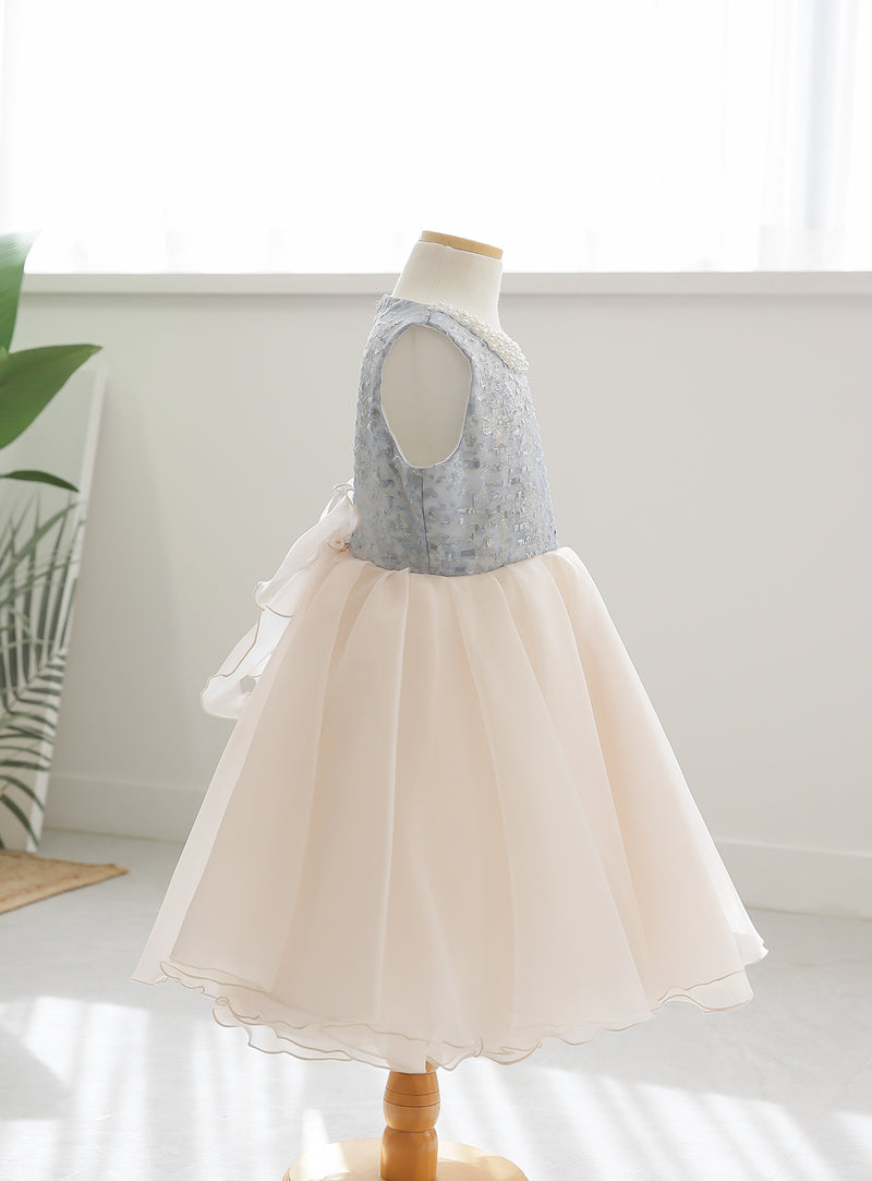子供ドレス発表会・結婚式・おしゃれなDRESCCOのパールビジューソフトベージュオーガンジードレスブルーの画像8
