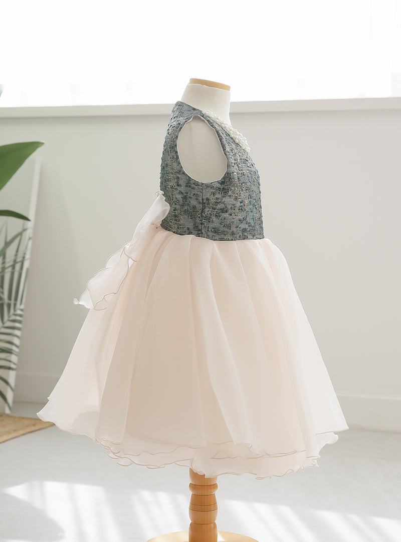 子供ドレス発表会・結婚式・おしゃれなDRESCCOのパールビジューソフトベージュオーガンジードレスグリーンの画像9