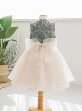 子供ドレス発表会・結婚式・おしゃれなDRESCCOのパールビジューソフトベージュオーガンジードレスグリーンの画像10