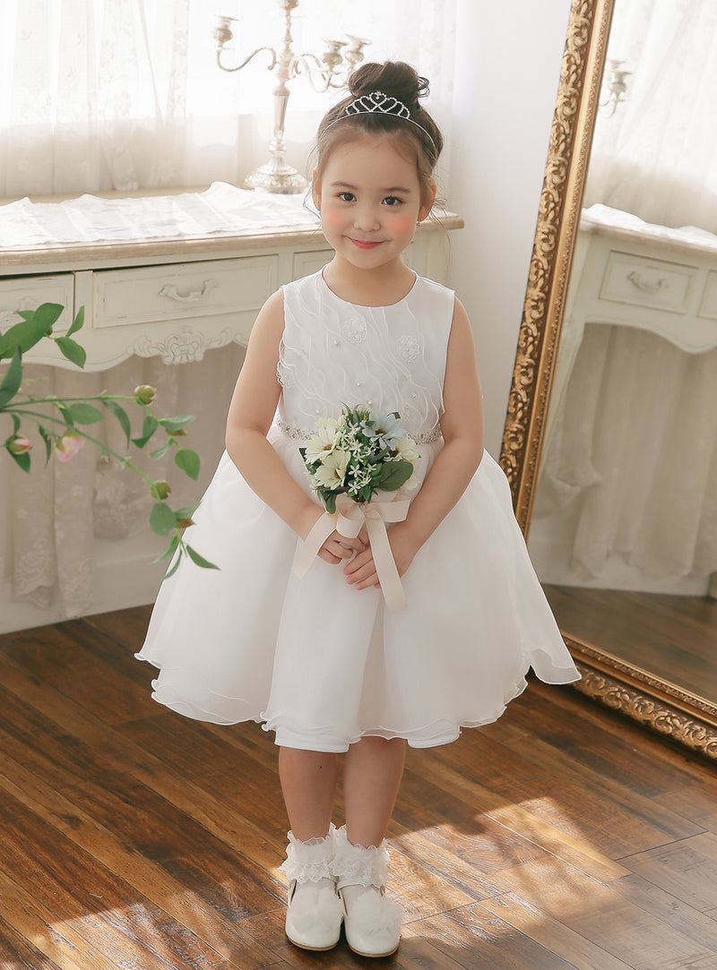 子供ドレス発表会・結婚式・おしゃれなDRESCCOのホワイトジュエリーベルトシフォンドレスの画像2