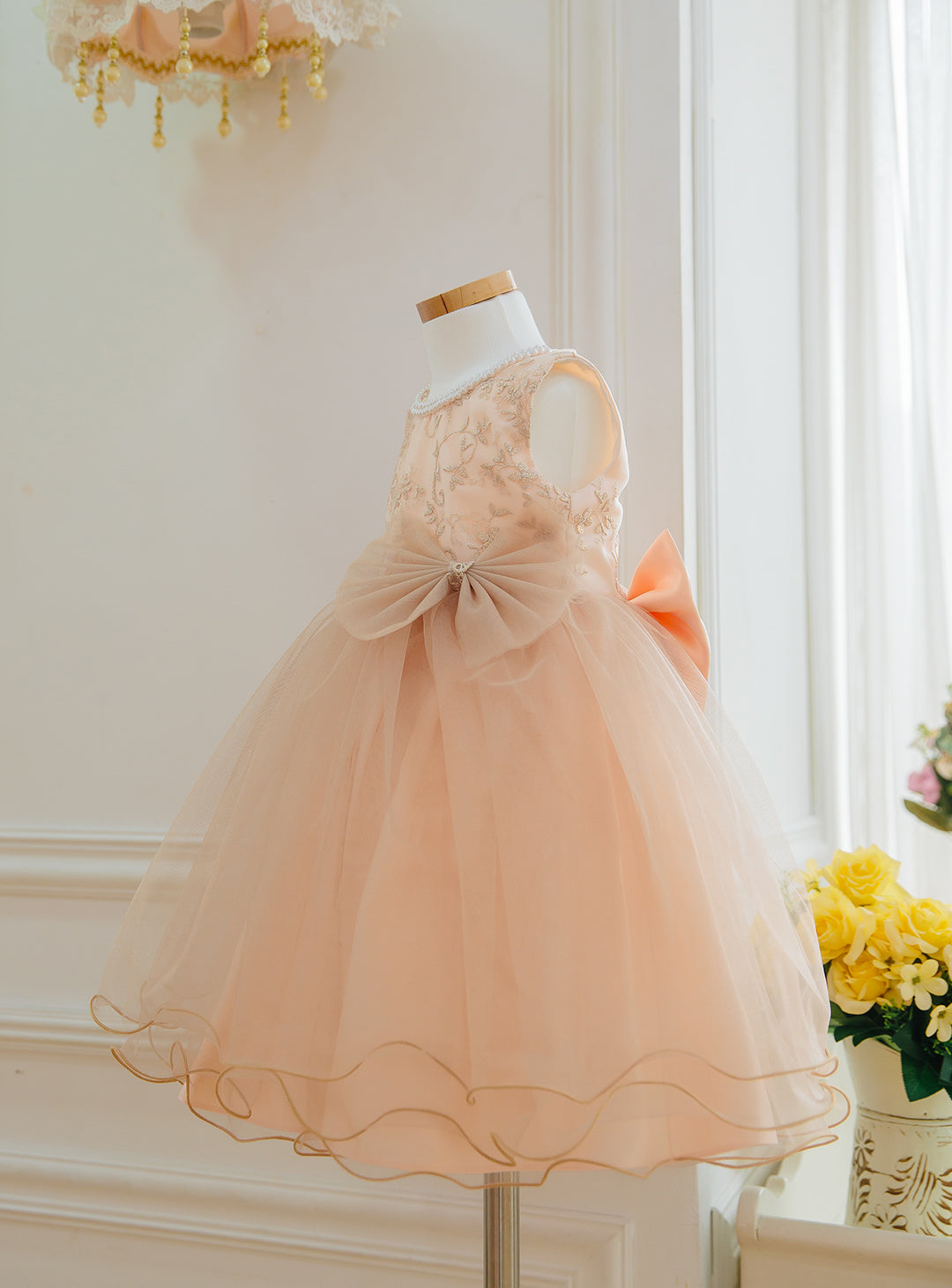 子供ドレス発表会・結婚式・おしゃれなDRESCCOのD-SU-175-ツーラインパールピンクベージュドレスの画像14