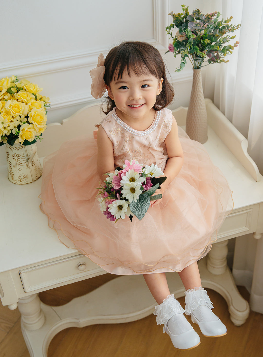 子供ドレス発表会・結婚式・おしゃれなDRESCCOのD-SU-175-ツーラインパールピンクベージュドレスの画像2