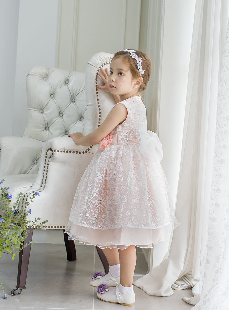 子供ドレス発表会・結婚式・おしゃれなDRESCCOのD-SU-145-2-オーガンジーフラワー刺繍ピンクドレスの画像5