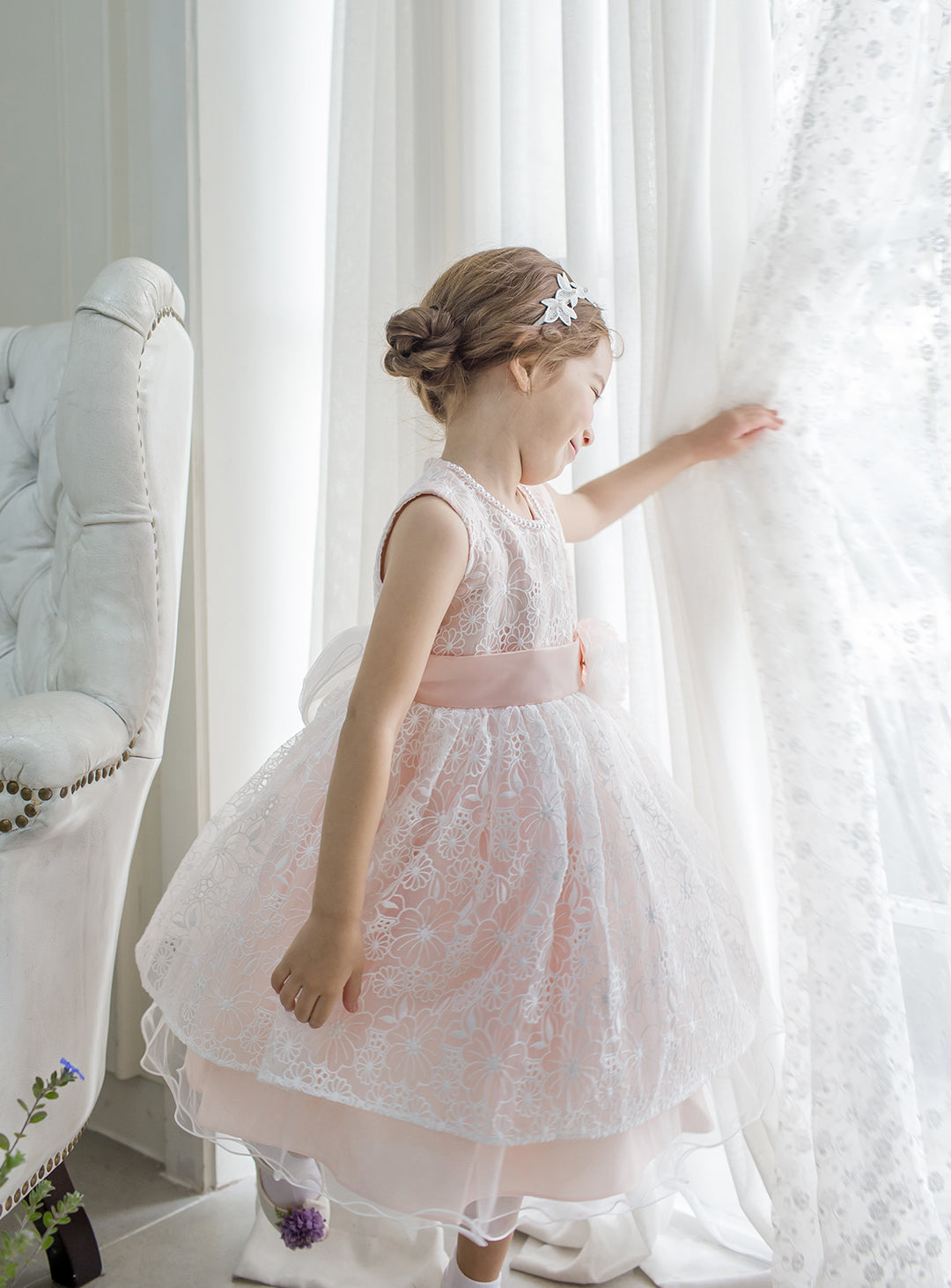 子供ドレス発表会・結婚式・おしゃれなDRESCCOのD-SU-145-2-オーガンジーフラワー刺繍ピンクドレスの画像7