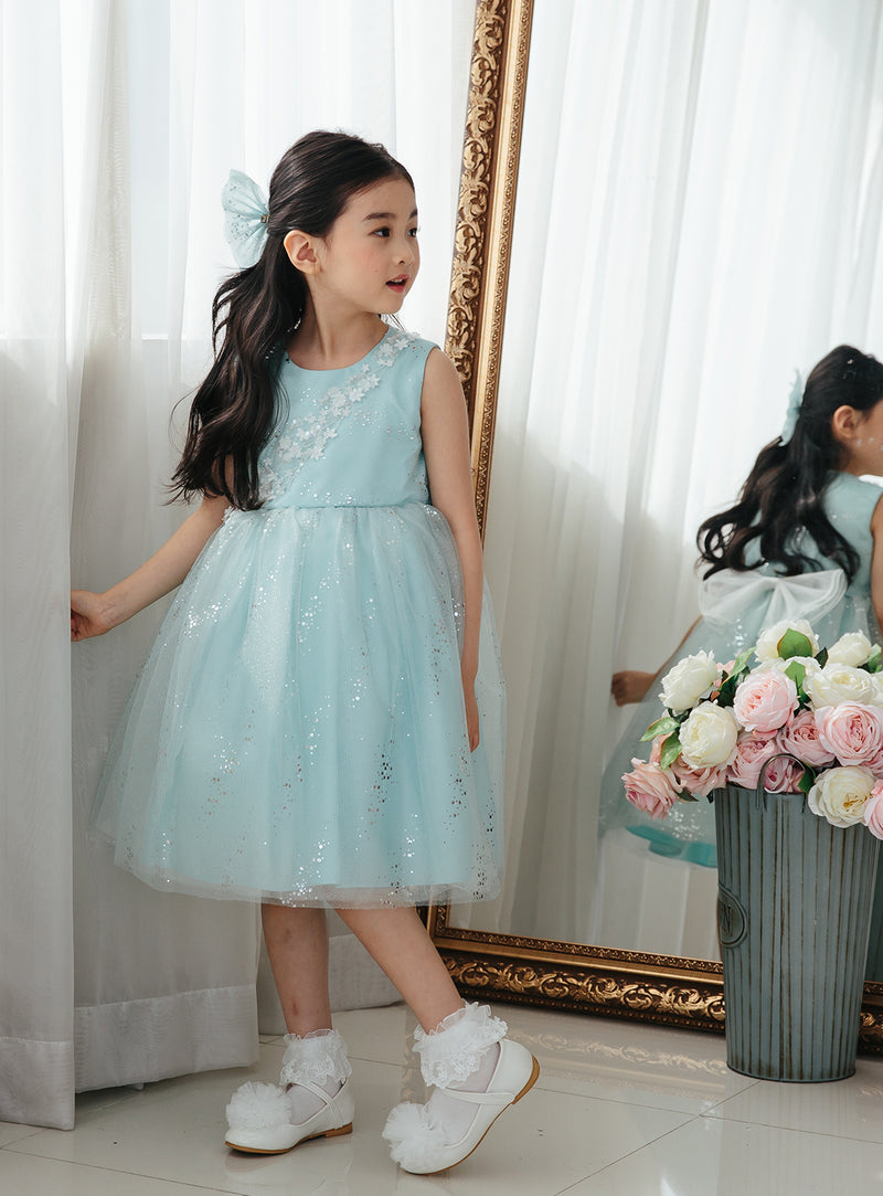 子供ドレス発表会・結婚式・おしゃれなDRESCCOのD-SU-173-ミントグリーンシルバーリバードレスの画像1