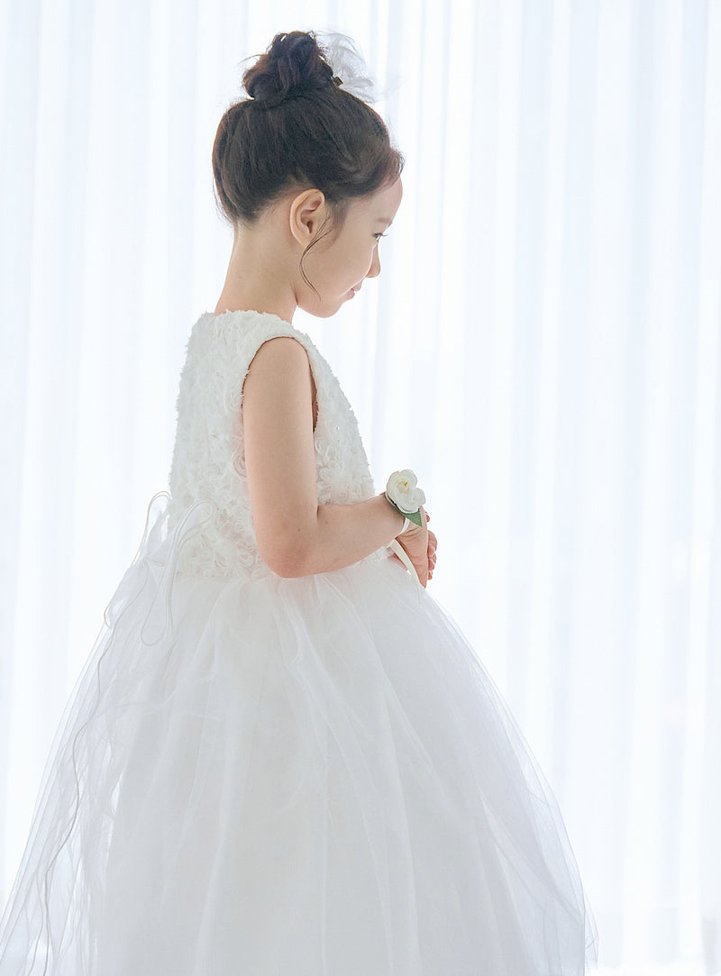 子供ドレス発表会・結婚式・おしゃれなDRESCCOのD-SU-225-フラワーチュールホワイトドレスの画像11